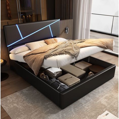 REDOM - Lit coffre 140x200 cm avec LED et rangement hydraulique en PU noir (Sans matelas) (1/5)