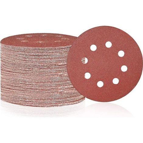 Paquete de 50 discos abrasivos de 8 agujeros - Grano 80 - Papel abrasivo resistente al desgaste para lijadoras orbitales aleatorias para madera, metal, mármol y plástico. (1/5)