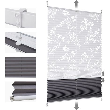 Sekey Plissee Klemmfix ohne Bohren 35x100cm Weiß mit Muster und Dunkelgrau Doppelplissee Day + Night Verdunkelung Sonnenschutzrollo Lichtschutz Faltrollo 100% Verdunkelnd Jalousie Plisseerollo für Fen (1/4)