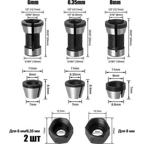 Ensemble de 9 accessoires pour mandrin, manchon de conversion, tête de conversion, porte-fraise 6 mm, 1/4" et 8 mm (impériaux), accessoires pour rogneuse (1/5)