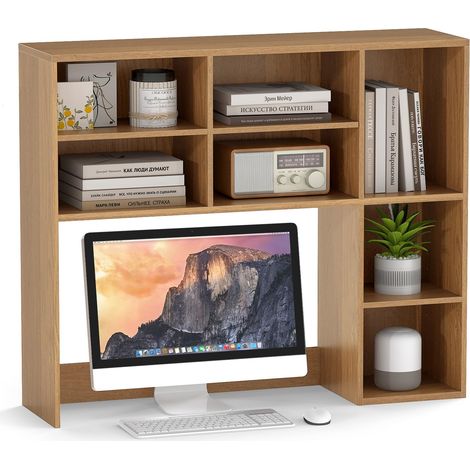 COSTWAY Libreria da Scrivania, Scaffale per Scrivania con 3 Ripiani Regolabili e Scomparto Aperto per Monitor 27", Organizzatore di Spazio per Casa Ufficio Dormitorio, 94x25x79 cm (Naturale) (1/5)