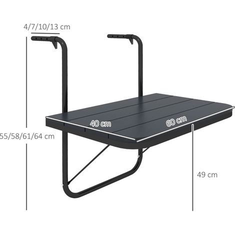 Table suspendue de balcon,pliante,réglable en hauteur,cadre en aluminium,plateau de table en plastique,aspect bois,noir (1/5)