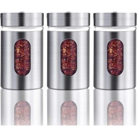 Ensemble de 3 pots à épices en verre et en acier inoxydable, flacons à poudre, porte-cure-dents, couvercle rotatif et boîte de rangement hermétique pour épices. (1/3)
