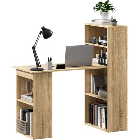 Eckschreibtisch aus Eiche mit Ablagefächern und angrenzendem Bücherregal