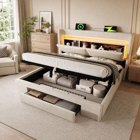 Letto matrimoniale 180x200 cm in lino beige con contenitore, senza materasso- FLORAGRACE (1/5)