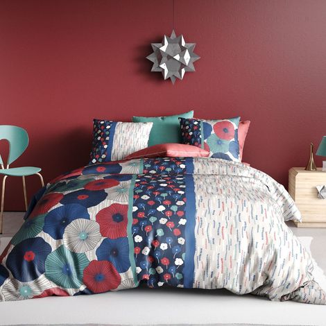 Parure housse de couette 260x240cm + 2 taie motif floral et graphique 100% coton - GEDALI (1/4)