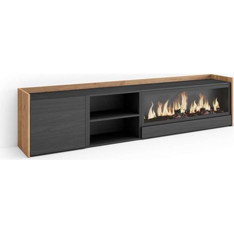 Mueble TV Sedella-01 de 212x50x35 cm con chimenea eléctrica XXL, color negro y roble (1/4)