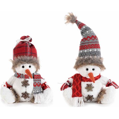 Pupazzi di neve decorativi in peluche con cappello e sciarpa in maglia natalizia rossa (1/2)