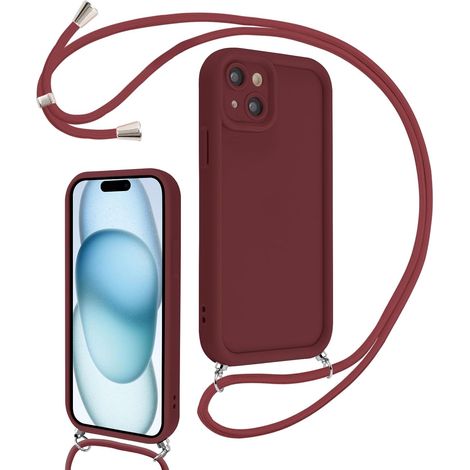 Coque pour iPhone 15 6,1" avec Cordon de Collier Réglable, Etui Protection de la Caméra Silicone Souple TPU Antichoc Housse avec Corde Lanyard Cover pour Femmes Filles, Rouge (1/5)