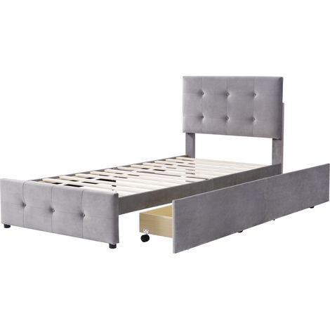 Cama tapizada 90 x 200 cm en terciopelo gris con somier de láminas, cabecero ajustable y 2 cajones (1/5)