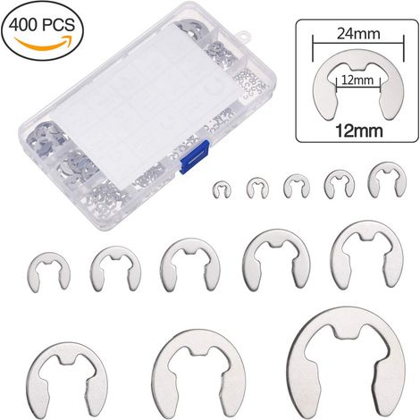 400 pièces en boîte 304 en acier inoxydable en forme de E ouverture circlip anneau 1.5-15mm ouverture ensemble de bagues de retenue (1/4)