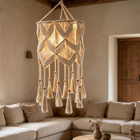 Suspension en macramé - 30 x 85 cm - Style bohème - Fait à la main - Pour salon, chambre à coucher, cuisine - Fil de suspension de 1 m pour douille E27 (1/5)