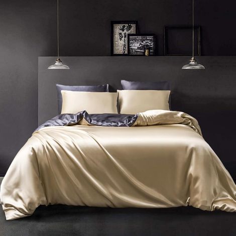 Bettwäsche 200x200 cm Satin Wendebettwäsche Beige Dunkelgrau Glatt Seidig