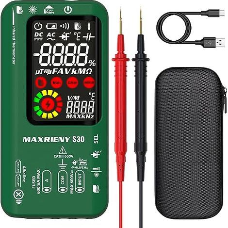 Multimètre Numérique Intelligent 9999 Comptes avec Thermomètre IR Testeur Diode LED 15V Mesure Tension Courant Résistance Continuité Capacité à Grande Vitesse Détecteur de Phase Rechargeable Noir et (1/5)