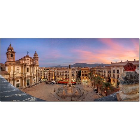 Lupia - Quadro moderno su Tela Canvas DEEP 65X143 cm, con paesaggi e localismi italiani, per casa, soggiorno, capezzale camera da letto, hotel, ufficio, PALERMO - PIAZZA SAN DOMENICO (1/4)