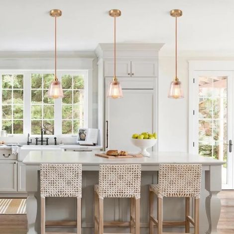 3x Lustre Moderne en Verre,Lampe Suspension Industriel Abat-jour Design Rayé E27 Finition en Laiton Plafonnier pour Salon