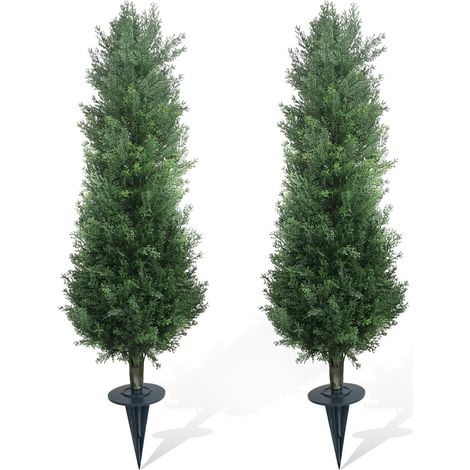 Lot de 2 arbres topiaires artificiels en cèdre – Feuillage réaliste – Résistant aux UV, piquet de sol inclus – jardin, terrasse, balcon, intérieur/supplémentaireérieur – 90CM (1/5)