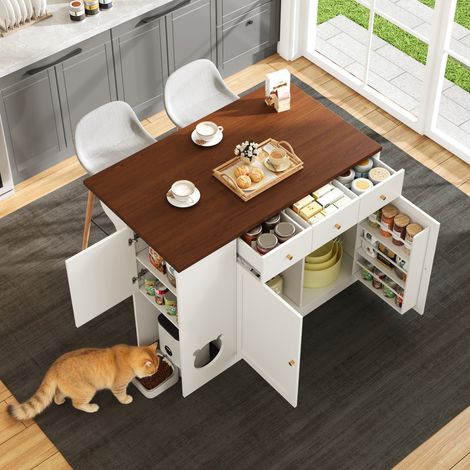 Îlot de cuisine, desserte et buffet avec tiroirs – avec plan de travail coulissant, étagère à épices, espace pour nourrir les animaux (sans gamelle pour chat), coloris blanc et noyer, 120 × (40 + 30) 