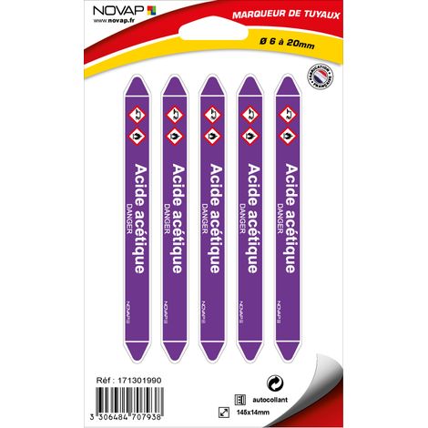 Planche de 5 marqueurs de tuyauterie 145 x 14 mm pour Ø 6 à 20 mm - Acide Acétique - 4707938