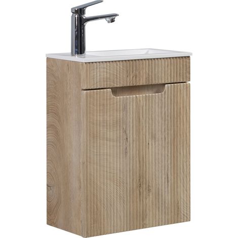 Badplaats – Meuble lave-mains suspendu 40 x 22 cm – MDF chêne clair – Vasque en résine synthétique blanc brillant – Porte à ouverture gauche – Fermeture softclose