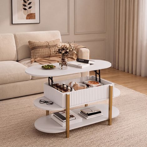 Table basse relevable 106x45x50 cm, plateau ovale avec tiroir caché et étagère de rangement pour salon, bois et pieds en métal doré, Blanc (1/5)