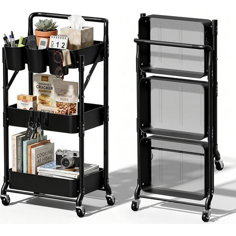 Desserte à Niveaux Aver roulettes Pliante Petit Multifonction Chariot De Rangement pour Cuisine/Buanderie/Salle De Bain/Esthetique (Noir) (1/5)