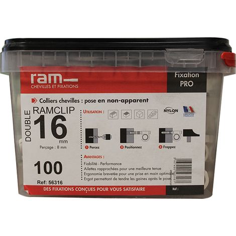 Seau de 100 RAMCLIP blanc double Ø16 pour fixer les gaines souples - Ram (1/3)
