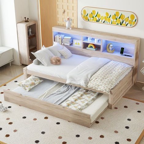 Canapé-lit 90x200 cm naturel avec LED, lit gigogne, rangement, prise électrique & USB - sans matelas (1/5)