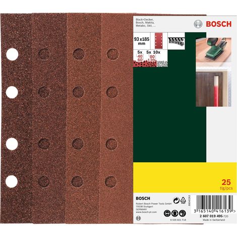 BOSCH - 25 FOGLI ABRASIVI PER LEVIGATRICE 8 FORI 93x185MM GRANA 40/60/80/120