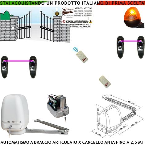 AUTOMATISMO CANCELLO KIT MOTORE A BRACCIO ARTICOLATO 220/24 V ANTA BATTENTE DA 0,5 A 2,5 MT CENTRALE 2 RADIOCOMANDI FARO 2 FOTOCELLULE (1/4)