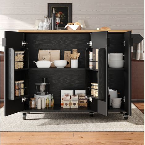 Isola da cucina 130x45x92 cm nera in MDF con piano pieghevole, 3 ante e ruote