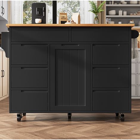 Isola da cucina 122x46x91.5 cm nera in MDF con piano pieghevole, 8 cassetti e ruote (1/5)