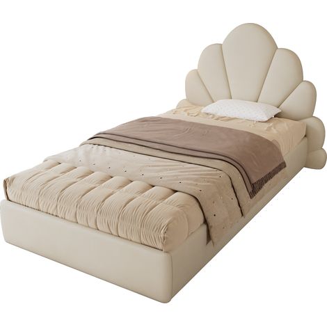 CHICFURN Letto singolo 90x200 cm in velluto beige, testiera a petali, senza materasso (1/5)