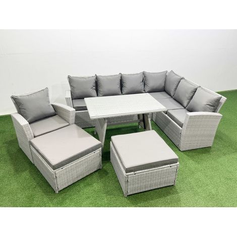 Fimous 9 Seater Garden Outdoor Rattan Furniture Set Rattan Corner Sofa Oblong Dining Table with Armchair 2 Big Footstools Light Grey Mixed (1/4)