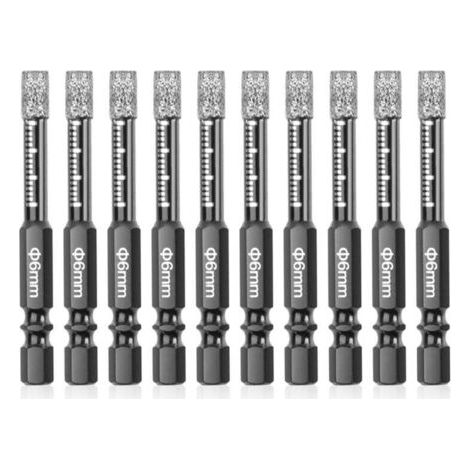 10 Piezas Taladros de Diamante 6 mm para Cerámica, Azulejos, Vidrio, Mármol, Ladrillos y Piedra (1/4)