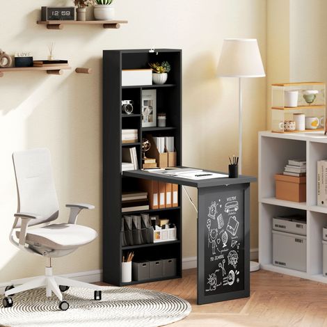 Bureau d'ordinateur pliable avec étagère, espace de travail, tableau blanc et étagère réglable, 98 x 51 x 153 cm, noir