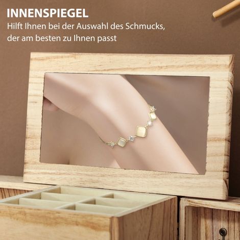 Coffret à bijoux 4 étages avec miroir, écrin en bois marron, rangement élégant pour colliers, bagues et boucles d'oreilles, idéal cadeau. (1/5)