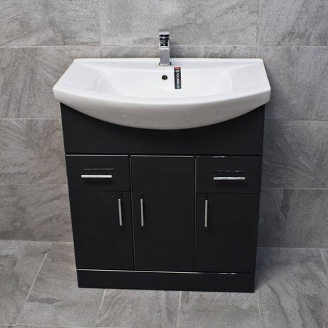 750mm Vanity Unit Anthracite Grey Gloss Basin Sink Designer Bathroom Storage, No Tap & Waste