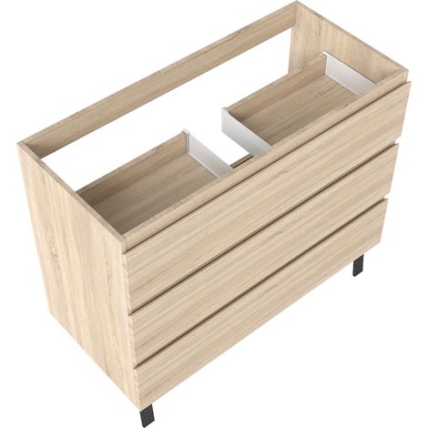Meuble de Salle de Bain 100cm avec 3 tiroirs + 2 Pieds, Meuble sans vasque, Chêne