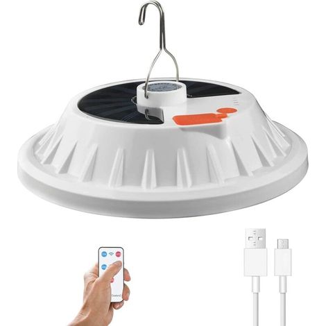 Lampe de Camping 120 LED avec Télécommande, Rechargeable par USB, Fonction de Banque D'alimentation 5 Modes IPX7 Étanche Solaire Lampe pour Extérieur, Urgence, Panne de Courant, Ouragan [Classe énergé