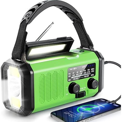 Radio de emergencia con manivela, radio solar de 10 000 mAh/37 000 mWh, radio meteorológica NOAA/AM/FM, radio dinamo con linterna LED multifunción para emergencias en interiores y exteriores, verde. (1/5)
