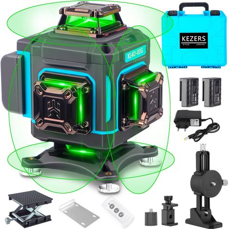 Laser lignes croisées vert 4x360°, Niveau laser autonivelant 16 lignes, Laser croisé avec écran, télécommande, support mural, socle élévateur, IP54 pour l'intérieur et l'extérieur Chantier (1/5)