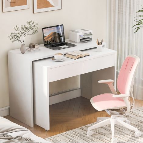 Scrivania pieghevole 2 in 1 compatta 110 x 40 x 78 cm bianca con ruote e 2 cassetti DESVIAE (1/5)