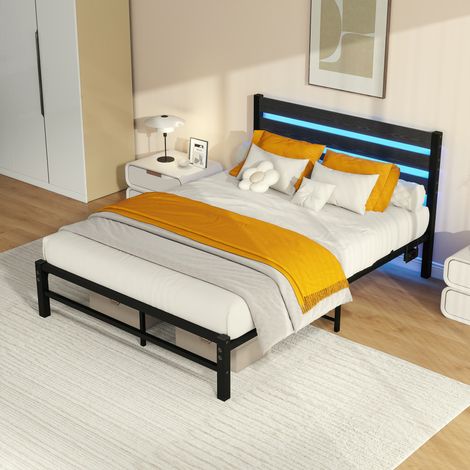 Cadre lit 140×200,tête plaque,métal,station USB,LED,acier solide,rangement sous lit,sans sommier,silencieux,montage facile-Da