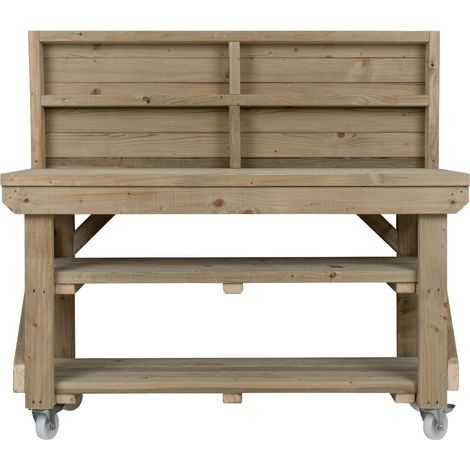 Indoor/outdoor workbench pressure treated station (H-90cm, D-64cm, L-90cm) with back panel, double shelf and wheels