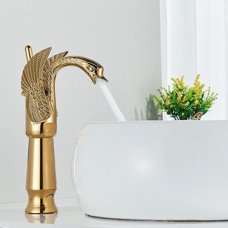 Suguword – Robinet de lavabo doré en laiton massif – Mitigeur haut avec tuyaux en acier inoxydable – Installation facile – Design élégant (1/5)