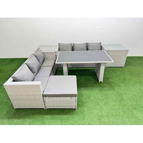 Fimous Rattan Garden Furniture Dining Set 7-seater Patio Rectangular Table Sofa Set with 2 Side Tables Big Stool Light Grey (1/5)