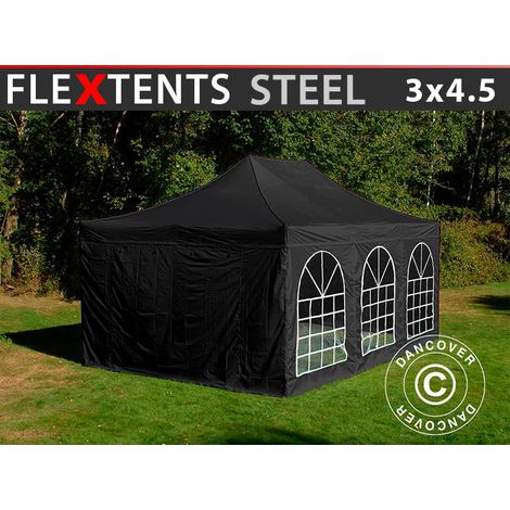 Pop up gazebo FleXtents Steel 3x4.5 m, Black, incl. 4 sidewalls
