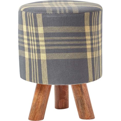 HOMESCAPES Grey and Yellow Tall Tartan Fabric Stool with Legs (1/5)