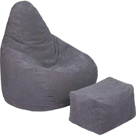 Loft 25 - Pouf chaise d'intérieur avec Tabouret, Fauteuil poire de jeu pour salon, Pouf à dossier haut en velours côtelé avec repose-pieds pour dormir - Charbon (Pouf avec repose-pieds) (1/5)
